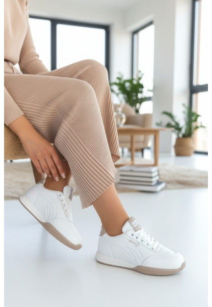 Tawen Beyaz Cilt Bağcıklı Spor Ayakkabı