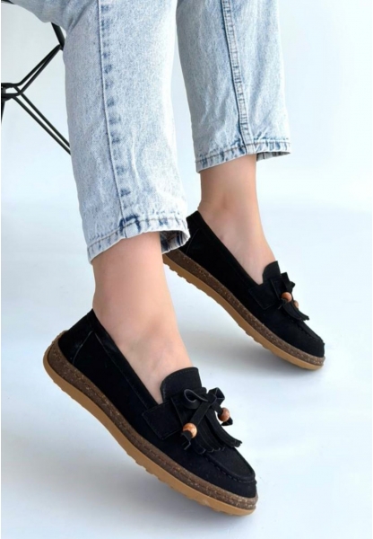 Boriy Siyah Deri Tozu Süet Babet Ayakkabı