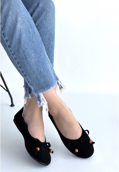 Cear Siyah Deri Tozu Süet Babet Ayakkabı