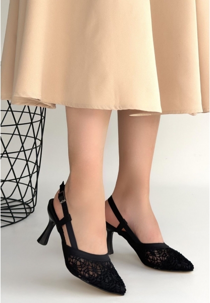 Ceta Siyah Cilt Tül Detaylı Topuklu Ayakkabı