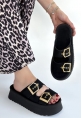 Coer Siyah Süet Çift Tokalı Terlik