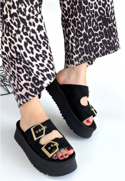 Coer Siyah Süet Çift Tokalı Terlik