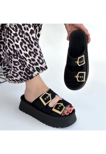 Coer Siyah Süet Çift Tokalı Terlik