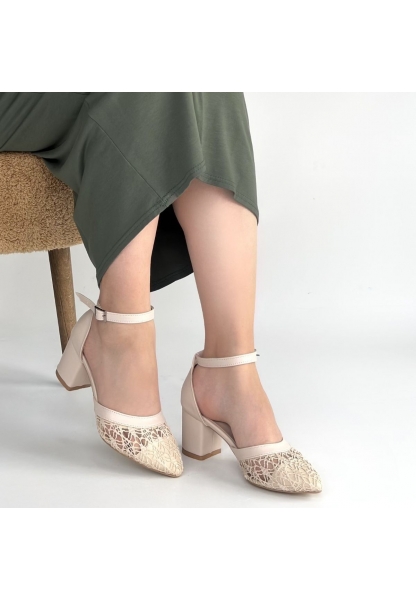 Dmop Bej Cilt Tül Detaylı Topuklu Ayakkabı