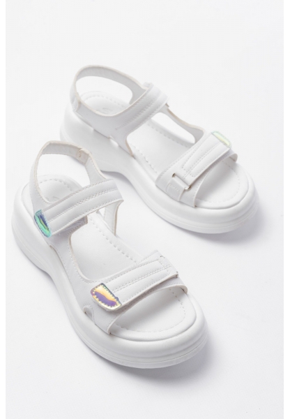 Ginya Beyaz Cilt Cırt Cırtlı Sandalet