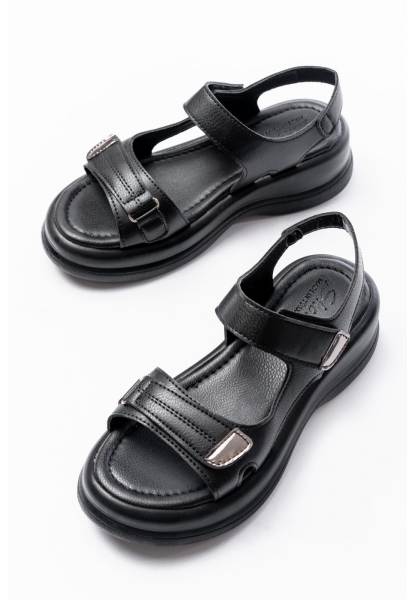 Ginya Siyah Cilt Cırt Cırtlı Sandalet