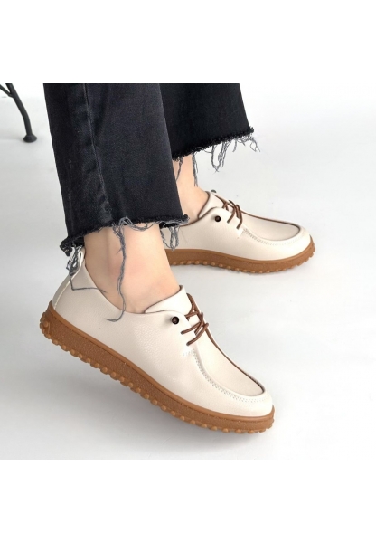 Guot Bej Cilt Bağcıklı Babet Ayakkabı