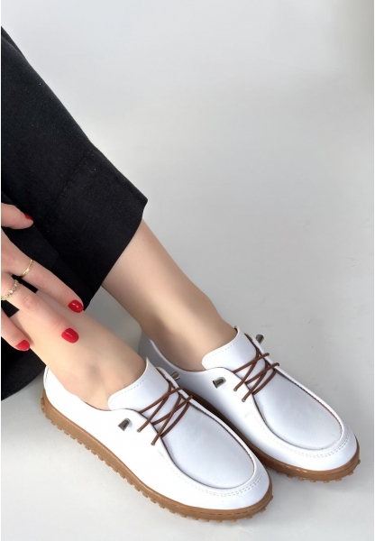 Guot Beyaz Cilt Bağcıklı Babet Ayakkabı