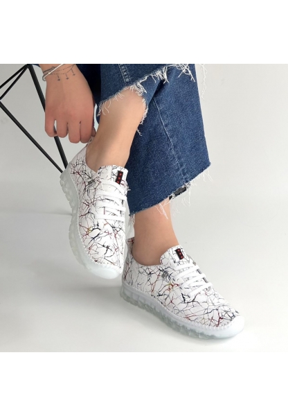 Jiten Beyaz Desenli Deri Bağcıklı Spor Ayakkabı