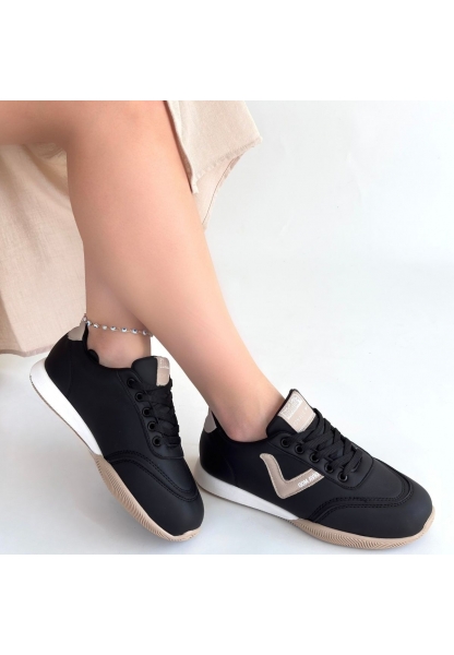 Jowen Siyah Cilt Bej Detaylı Bağcıklı Spor Ayakkabı