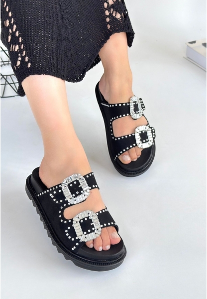 Juana Siyah Nubuk  Taşlı Terlik