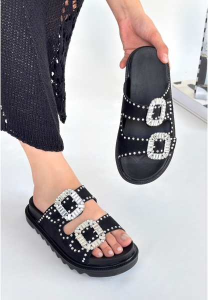 Juana Siyah Nubuk  Taşlı Terlik