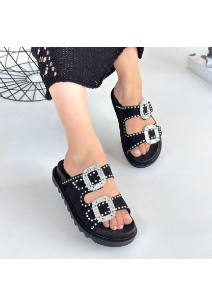 Juana Siyah Nubuk  Taşlı Terlik