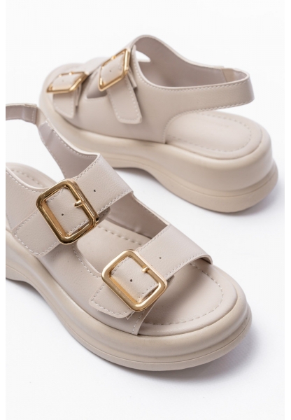 Kaji Bej Cilt Çift Tokalı Sandalet