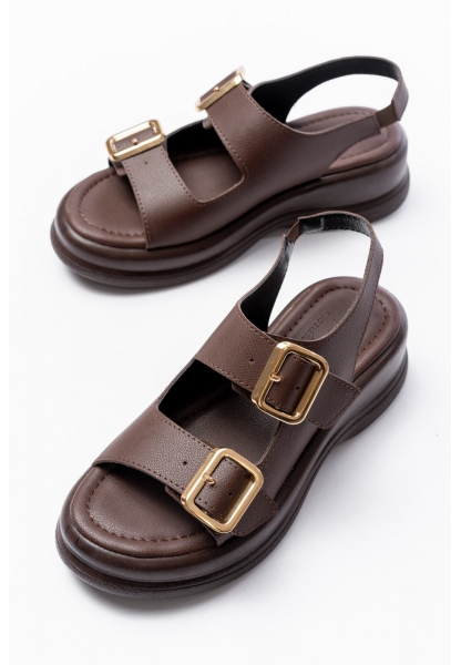 Kaji Kahverengi Cilt Çift Tokalı Sandalet