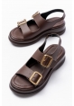 Kaji Kahverengi Cilt Çift Tokalı Sandalet