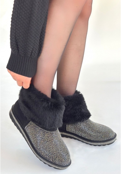 Linka Siyah Süet Gümüş Boncuk İşlemeli Bot