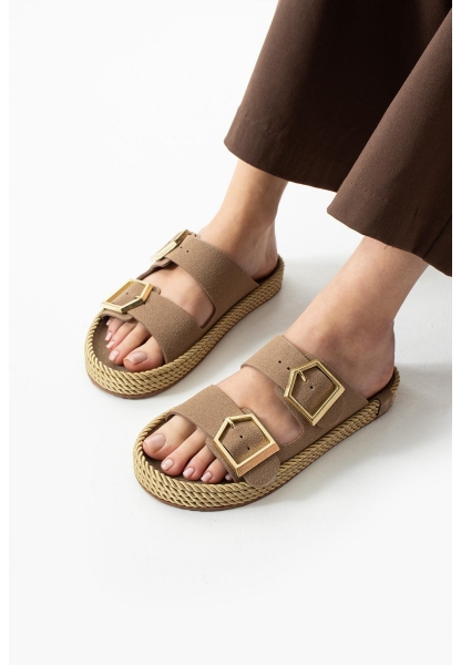 Loera Vizon Nubuk Çift Tokalı Terlik