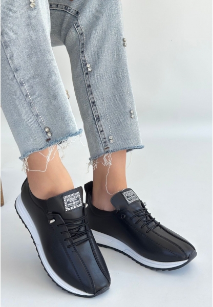 Monya Siyah Cilt Bağcıklı Spor Ayakkabı