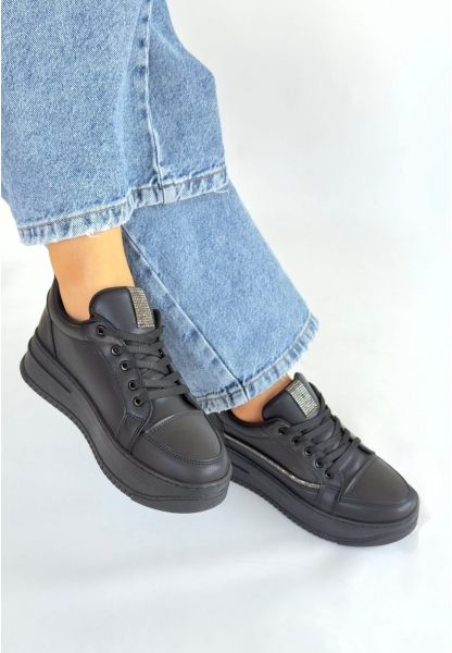 Natte Siyah Cilt Bağcıklı Spor Ayakkabı