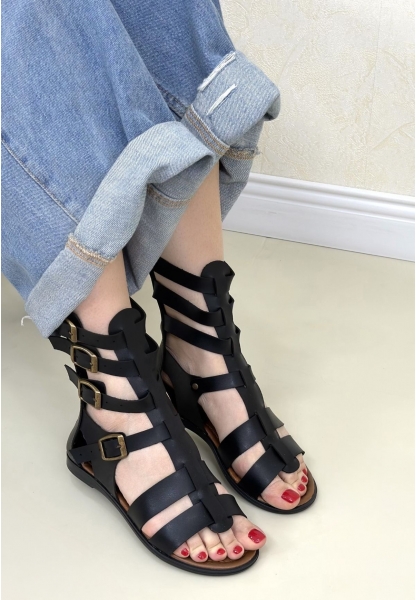 Nola Siyah Deri Kemerli Sandalet