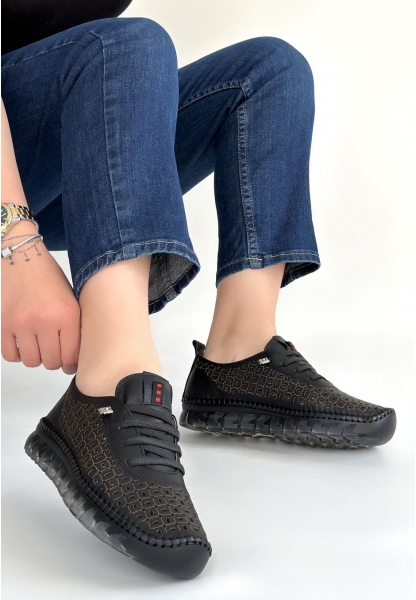 Otja Siyah Deri Lazerli Bağcıklı Spor Ayakkabı