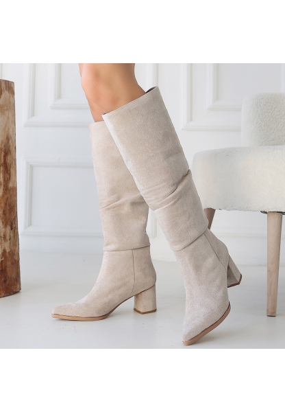 Pitay Bej Süet Topuklu Çizme