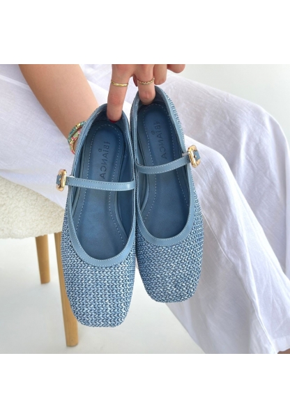 Rives Mavi Cilt Hasır Dokumalı Babet Ayakkabı