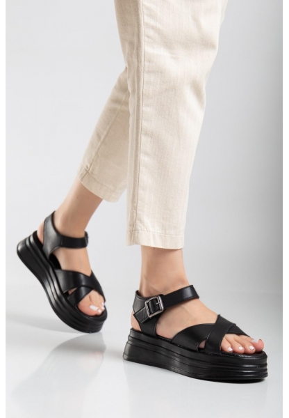 Sibna Siyah Cilt Kemerli Sandalet
