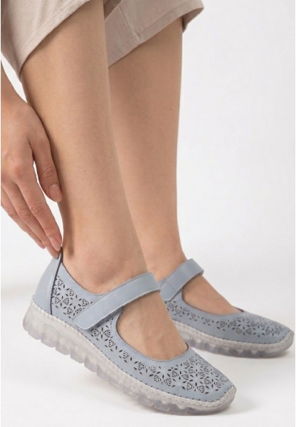 Sina Mavi Deri Cırt Cırtlı Babet Ayakkabı