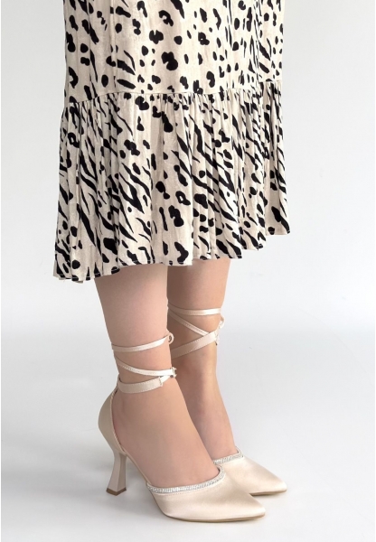 Tenja Bej Saten Bilekten Bağcıklı Topuklu Ayakkabı