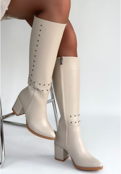 Tiyan Bej Cilt Topuklu Çizme