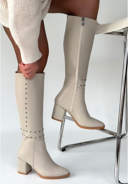 Tiyan Bej Cilt Topuklu Çizme