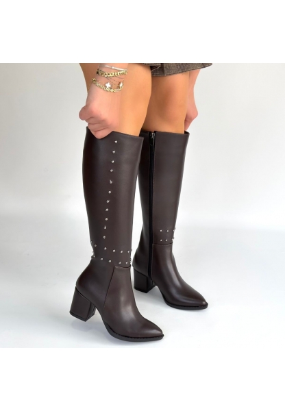 Tiyan Kahverengi Cilt Topuklu Çizme