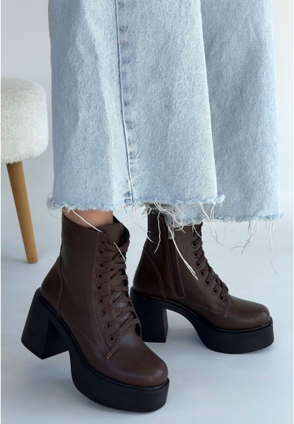 Tsan Kahverengi Cilt Bağcıklı Topuklu Bot