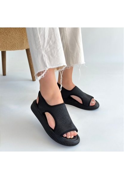 Wayi Siyah Hasır Cilt Sandalet