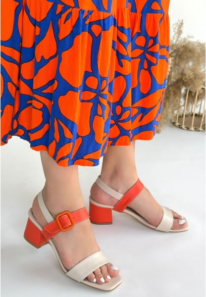 Year Bej Cilt Turuncu Detaylı Turuncu Topuklu Topuklu Ayakkabı