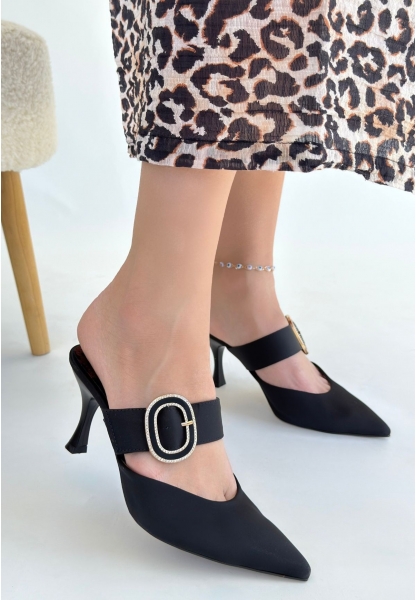 Yote Siyah Saten Topuklu Terlik