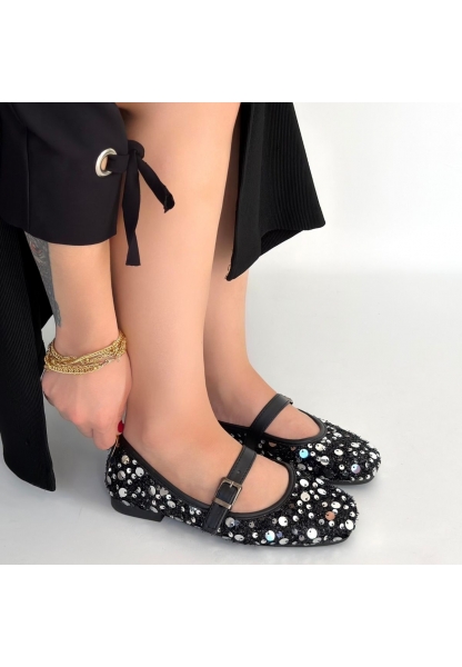 Zaty Siyah Süet Gümüş Pullu Babet Ayakkabı