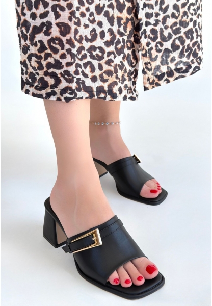 Ziva Siyah Cilt Topuklu Terlik